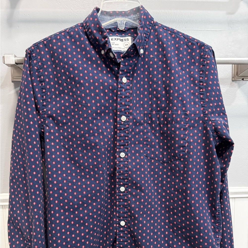 Express Navy Button-Down Shirt with Pink Dot Pattern